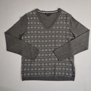 Nautica Jeans Gray Sparkle Snowflake Long Sleeve V Neck Sweater Women's Medium